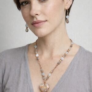 Smokey Quartz Agate Heart 1 1/2" Moonstone Indian Agate Copper tan Gray 20:"